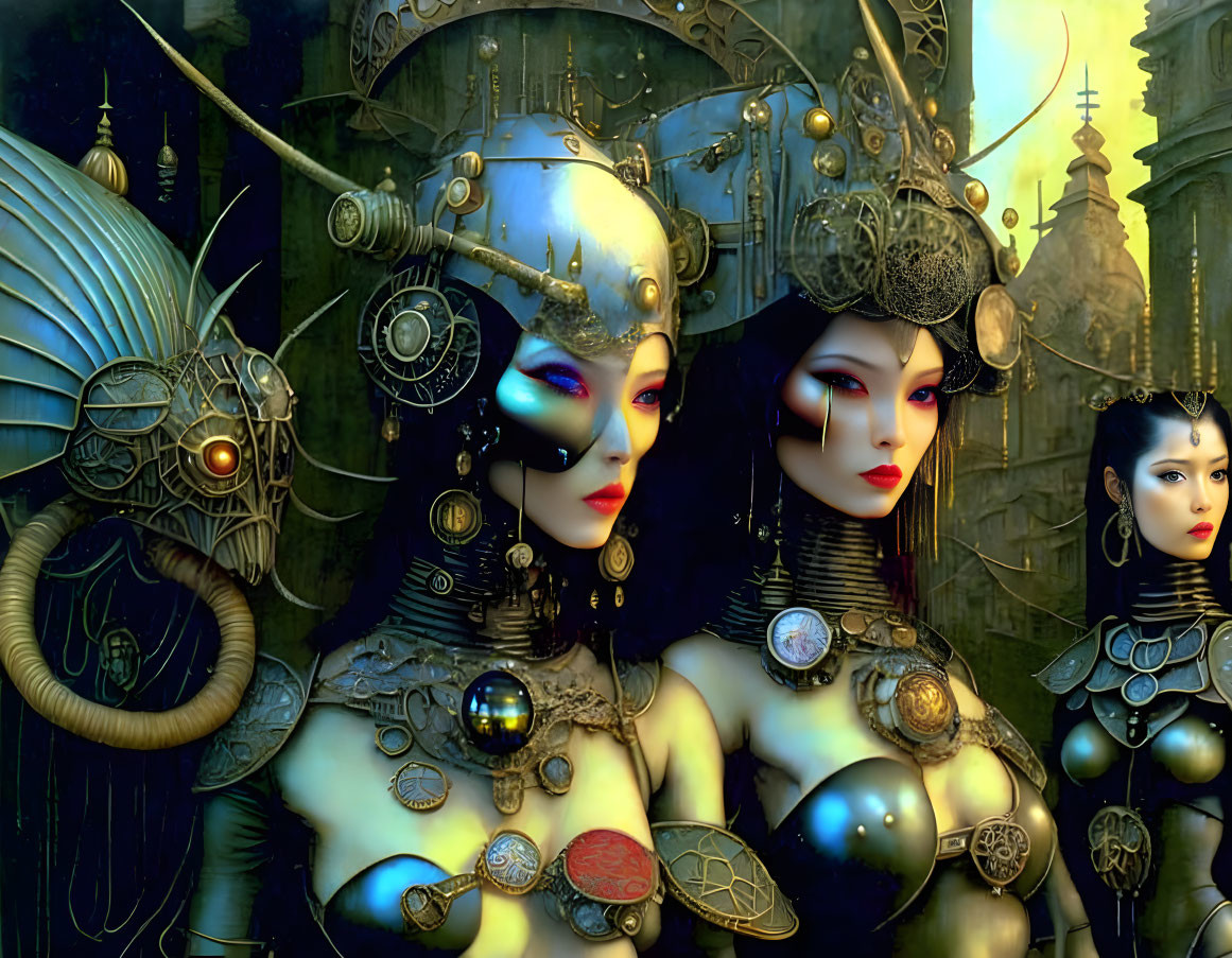 Three steampunk-styled female figures with intricate headgear and metallic attire on dark industrial background