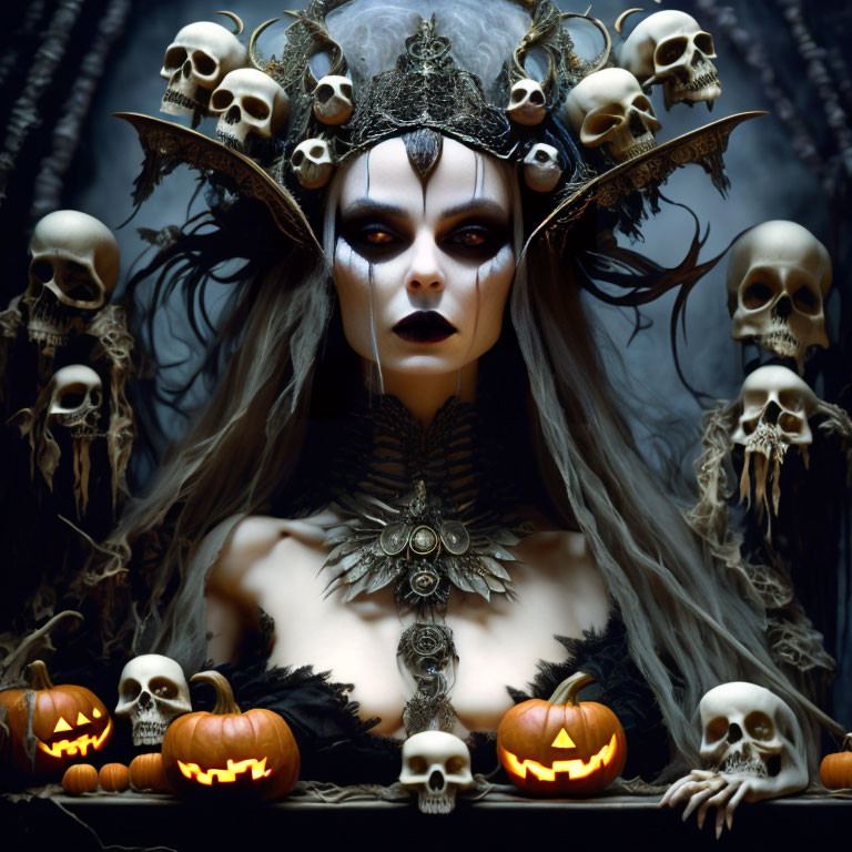 Elaborate Dark Costume with Skull Crown, Pumpkins, and Skulls