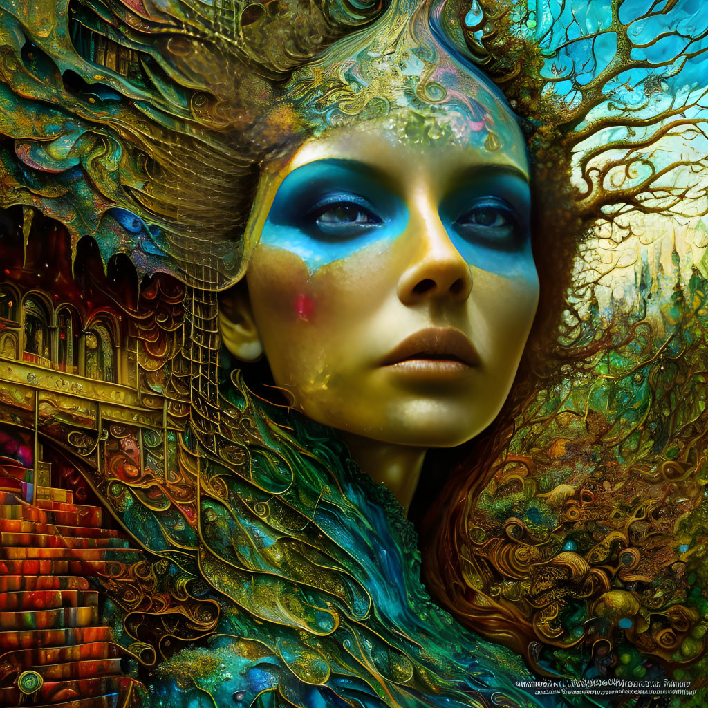 Blue-skinned female figure in surreal portrait with golden headgear and fantastical elements.