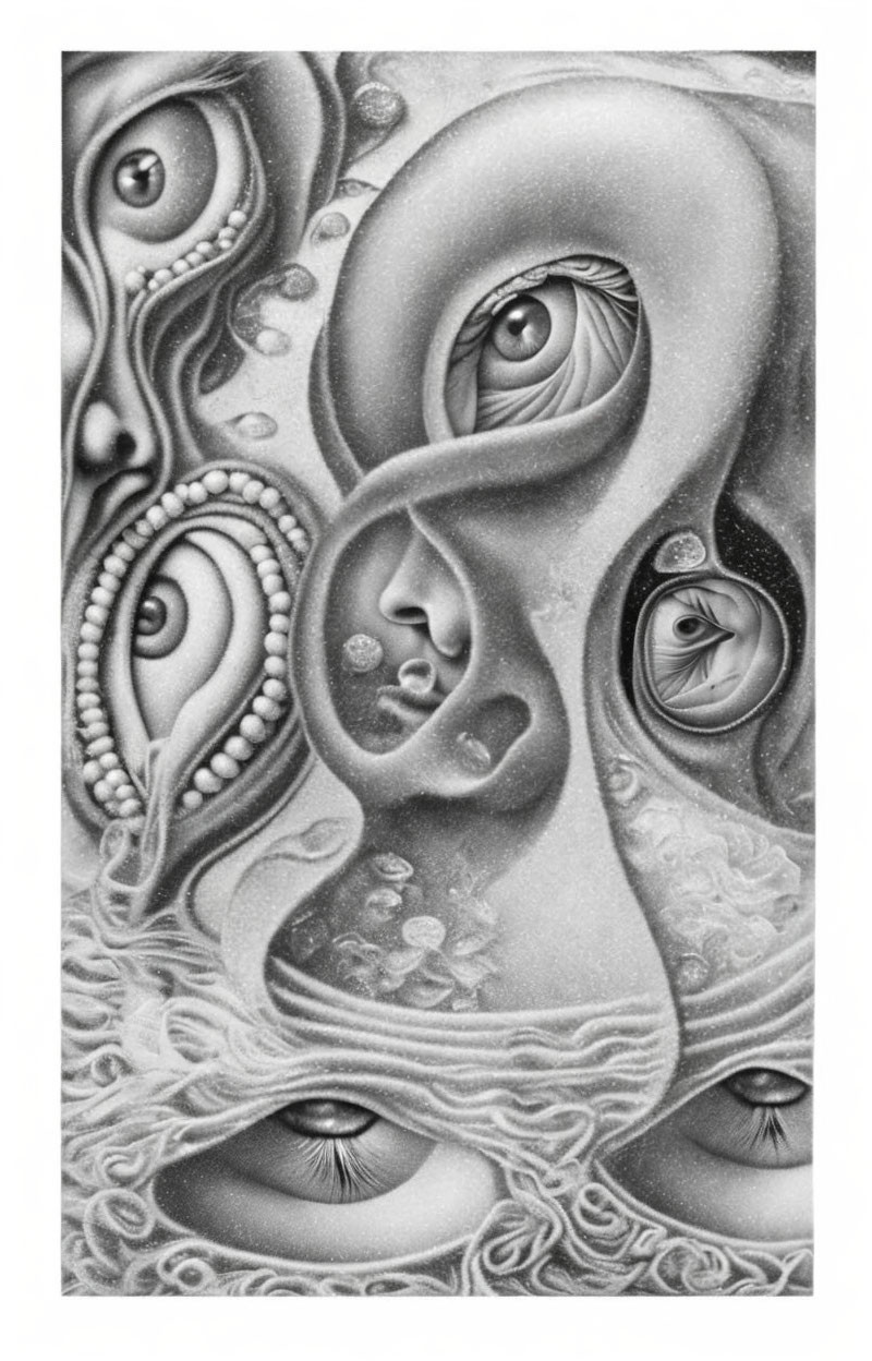 Abstract Surreal Artwork with Monochromatic Palette and Multiple Eyes