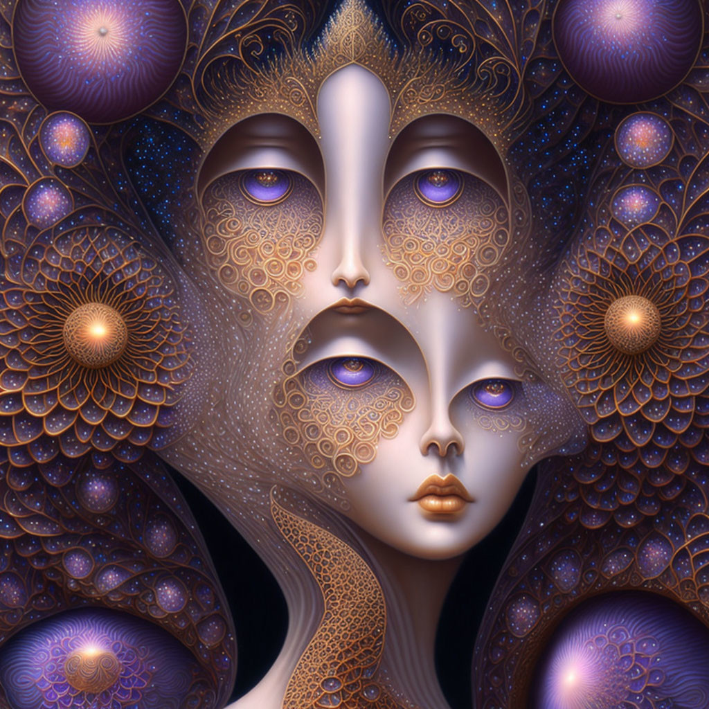 Symmetrical multi-faced figure with cosmic theme in deep purples and gold