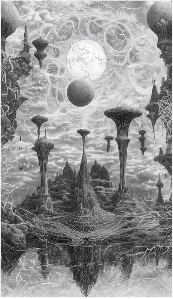 Monochrome fantasy landscape with mushroom-like structures and surreal moon