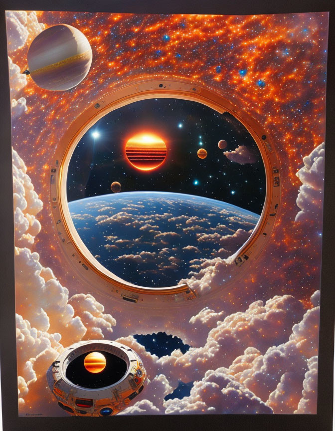 Spacecraft window showcases Earth's clouds, solar system, and nebulae