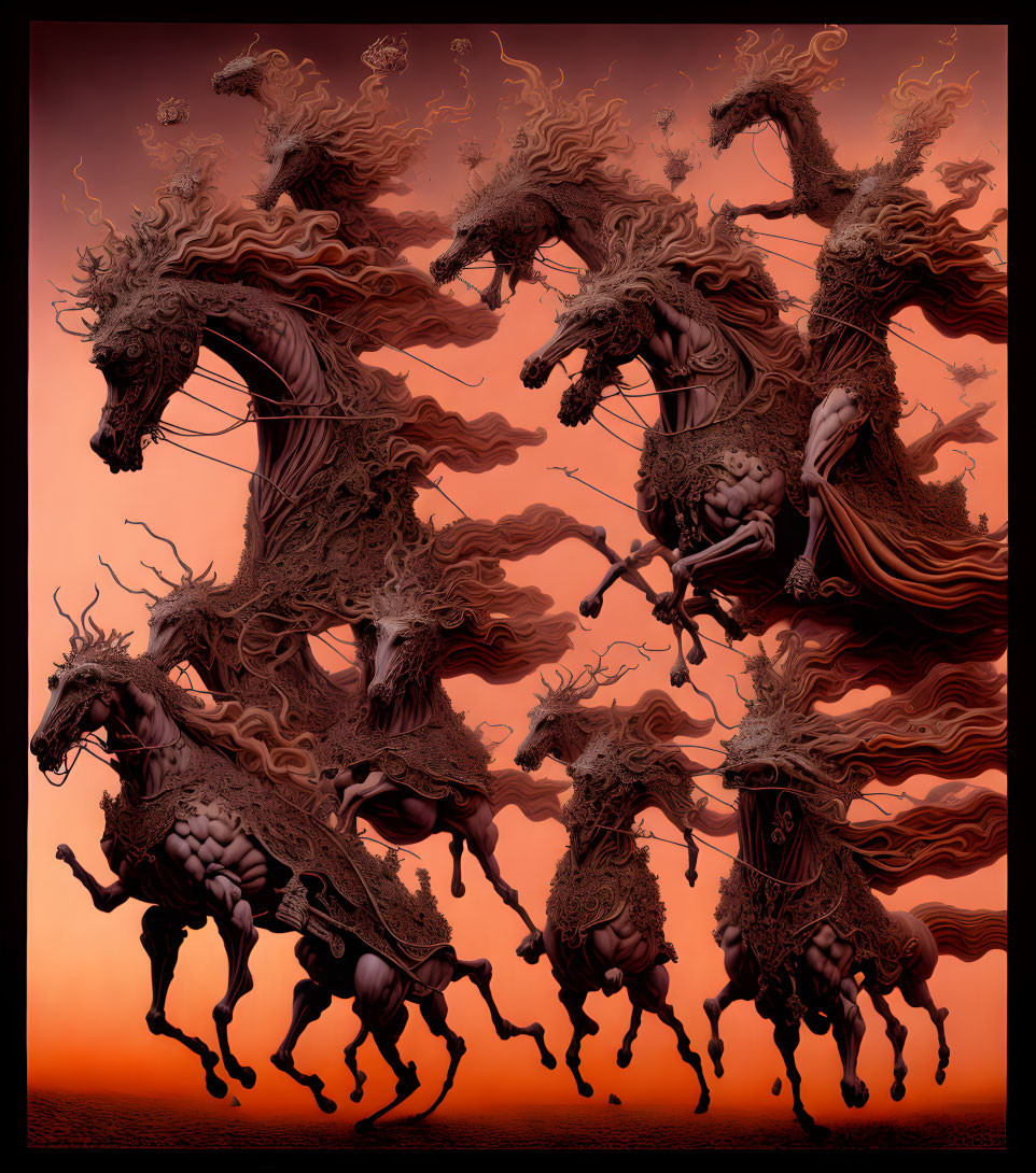 Majestic horse-like creatures with tree-like manes galloping under reddish sky