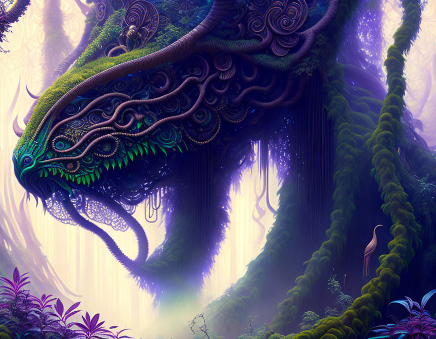 Intricate mystical dragon in vibrant forest with lone bird