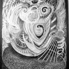 Abstract black and white artwork with swirling patterns and wing-like structures around a central eye motif