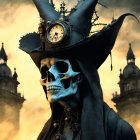 Skull-faced figure in steampunk hat against ominous sky