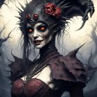 Red-eyed woman with dark crown and horns in misty forest pose