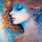 Vibrant digital art: Woman with flowing hair in orange, blue, and white, celestial theme