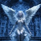 Intricate blue-tinted angel statue with detailed wings and armor against ornate background