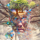 Surreal artwork: face with tree branches for hair in forest scene