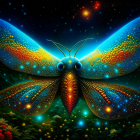 Colorful Cosmic Butterfly with Glowing Patterns and Starry Background