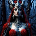 Digital artwork: Blue-skinned woman with metallic crown and red jewels in dark forest