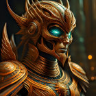 Female figure in futuristic golden armor with turquoise visor & intricate details