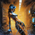 Futuristic female figure with cybernetic enhancements in VR headset surrounded by cables and servers