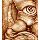 Sepia mythical creature illustration with prominent eye, tree, and book