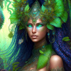 Elaborate green and blue headdress on mystical forest creature