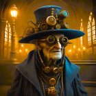 Elderly man in steampunk attire in dimly-lit ornate hall