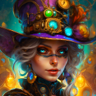 Fantasy illustration of woman with blue eyes in steampunk hat with gems and glowing gears.