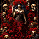 Gothic woman with skulls, red roses, corset, skirt, and floral headpiece