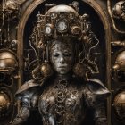 Steampunk-inspired female character with clockwork details and ornate background.