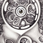 Surreal black and white illustration with mechanical and organic elements and a central eye surrounded by intricate patterns