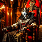 Jester in ornate costume in gothic-style room exudes eerie royalty