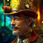 Man with Steampunk Style Hat, Goggles, and Mustache Portrait Against Vibrant Bokeh