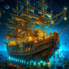 Ornate sailing ship on starry sea with golden lanterns