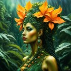 Fantasy portrait of a woman with green skin and orange flowers, set in a rainy lush environment