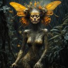 Golden body art and ornate headpiece in lush forest setting