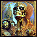 Surreal golden skull with intricate designs in fantastical setting