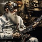 Elderly man in steampunk attire plays custom guitar among metallic gears