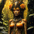 Mystical figure with plant features and golden-orange eyes in verdant setting