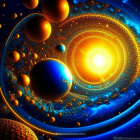 Colorful digital artwork of cosmic scene with planets, star, and galactic patterns