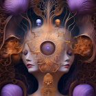 Symmetrical multi-faced figure with cosmic theme in deep purples and gold