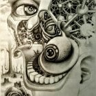 Monochrome surreal artwork: eyes, organic patterns, bubbles