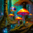 Enchanting forest scene with colorful mushrooms and serene stream