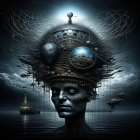 Surreal portrait with celestial headgear and architectural clouds