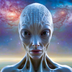 Alien digital artwork with large eyes and cosmic backdrop