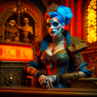 Vibrant blue-haired woman in vintage attire exudes mystical aura in gothic setting