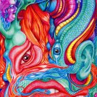 Colorful psychedelic art with wavy patterns and fiery elements.