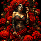 Woman in Red and Black Gothic Dress with Roses and Striking Makeup