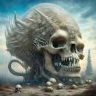 Detailed giant skull in desolate landscape with smaller skulls