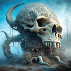 Skull-shaped structure in misty forest environment