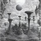 Monochrome fantasy landscape with mushroom-like structures and surreal moon