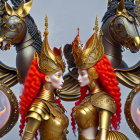 Two women in golden armor with fiery plumes and regal crowns under stormy sky