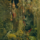 Fantasy portrait with elaborate antler headdress and lush greenery