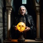 Elderly man with long white beard holding glowing skull in dimly lit room