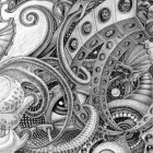 Detailed Black and White Surreal Illustration of Fantastical Scene